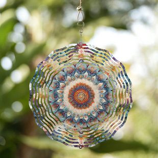 Metal Wind Chime with 3D Rotating Mandala Design - Bright and Colorful Garden, Window and Yard Decoration -