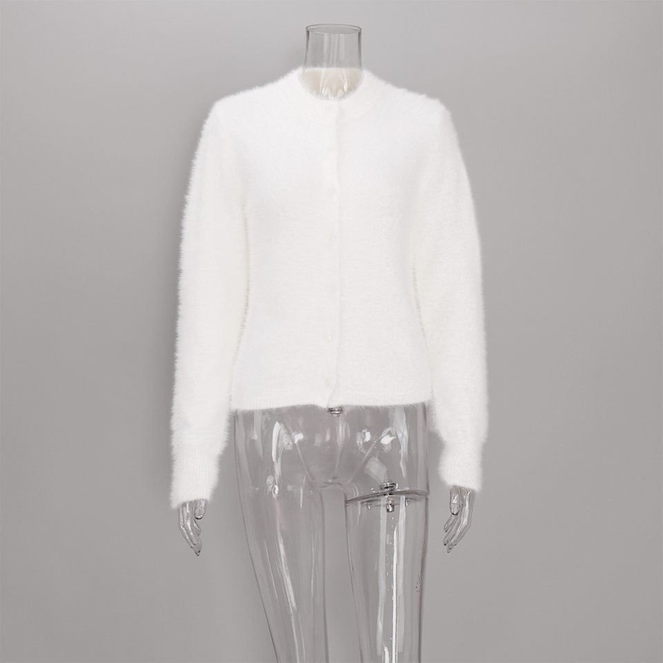 Áo khoác cardigan len nữ dáng ôm cổ tròn tay dài một hàng cúc chất liệu lông mềm mại — Màu hồng, Màu trắng, Màu xám nhạt, Xanh đậm chi tiết 59