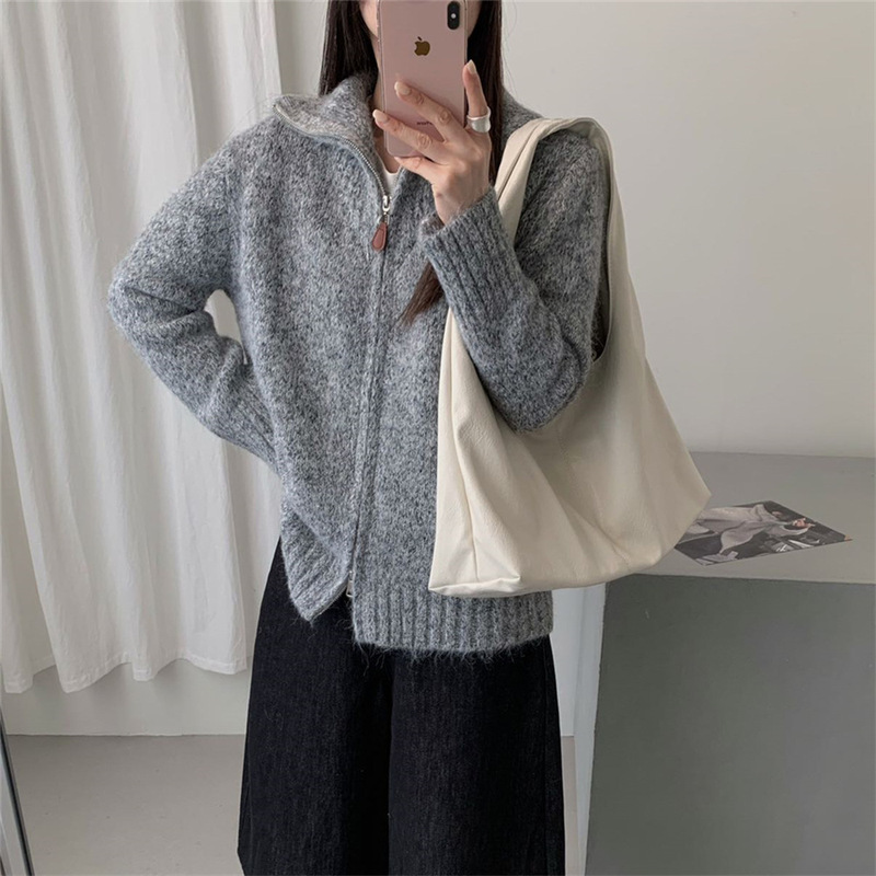 韩系花线双拉链毛衣外套女装秋冬新款宽松慵懒风软糯针织开衫上衣|undefined