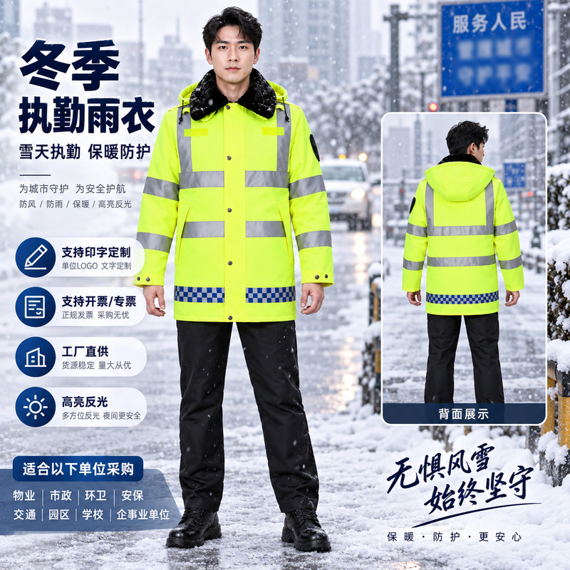 Traffic duty raincoat with removable inner lining, reflective double-layer cotton jacket, thickened for sanitation workers, suitable for road maintenance, highway work, and flood control