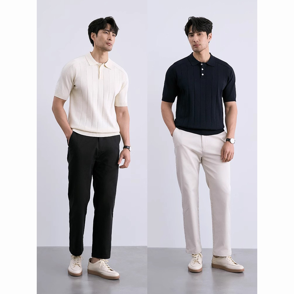 Verano nuevo suéter de punto de seda de hielo de manga corta camisa POLO para hombre camiseta de negocios delgada a rayas comercio exterior al por mayor transfronterizo image 5