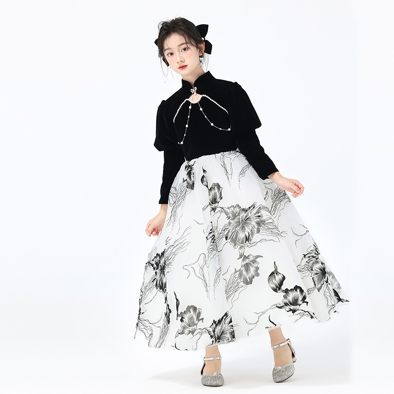 Vestido infantil vestido nuevo estilo chino tinta estilo vestido de alta gama vestido de princesa chica anfitriona de piano despeje