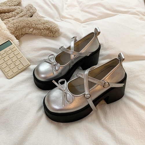 French Mary Jane small leather shoes for women in spring new thick sole heightened bow with skirt thick heel high heels