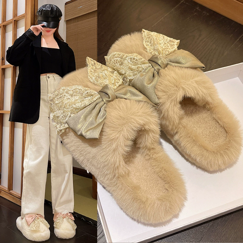 Элегантные хлопковые тапочки с кружевным бантом для маленькой принцессы, женские осенне-зимние домашние плюшевые тапочки с мягким темпераментом и мягкой подошвой