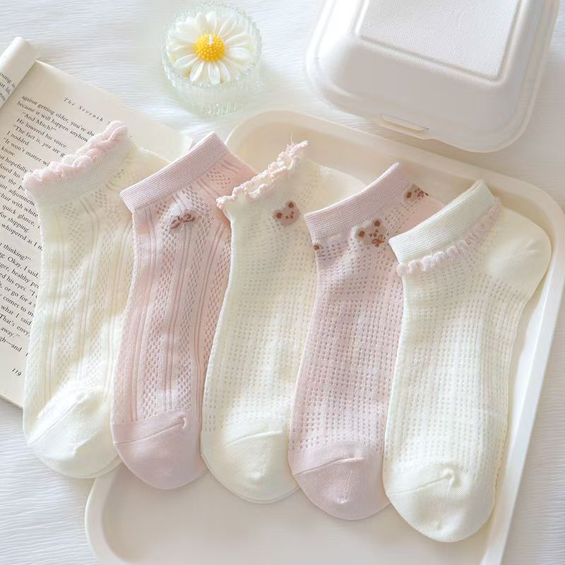 Women's Hole Mesh Thin Short Tube Air Conditioning Boat Socks Fresh Style Cartoon Net Boat Socks Boneless Seam Head Summer New