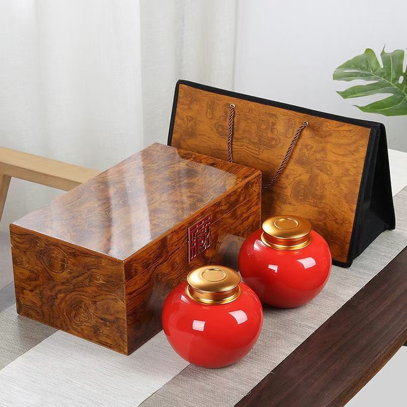 陶瓷茶叶罐木盒装中号存茶桶高档茶叶包装盒防潮罐红茶绿茶罐LOGO