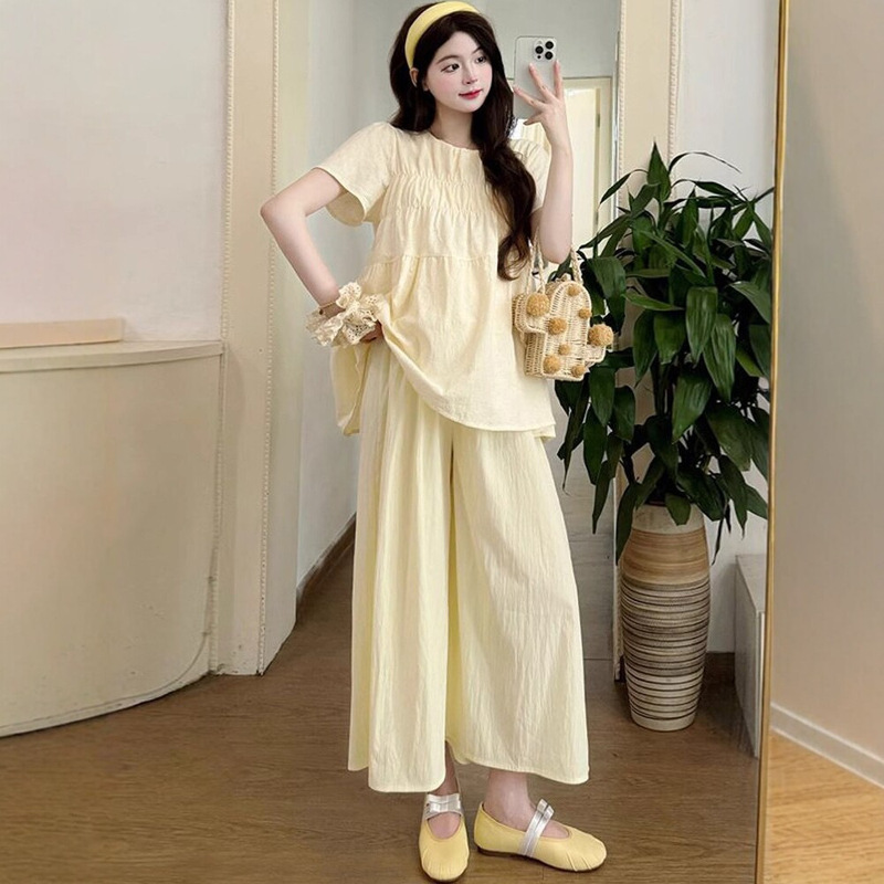 Maternity Wear Summer New Style 2026 Set Fashionable Casual Loose Short-Sleeve Wide-Leg Pants Lazy Style Two-Piece Set