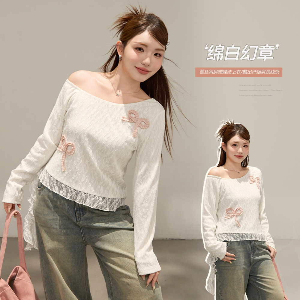 Korean Style Off-Shoulder Design with Bow Tie and Ribbon Knit Sweater for Plus-Size Women, Slimming Top 66028