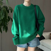 加厚圆领羊毛衫女宽松韩版慵懒风大毛衣长袖跨境针织衫上衣冬绿色
