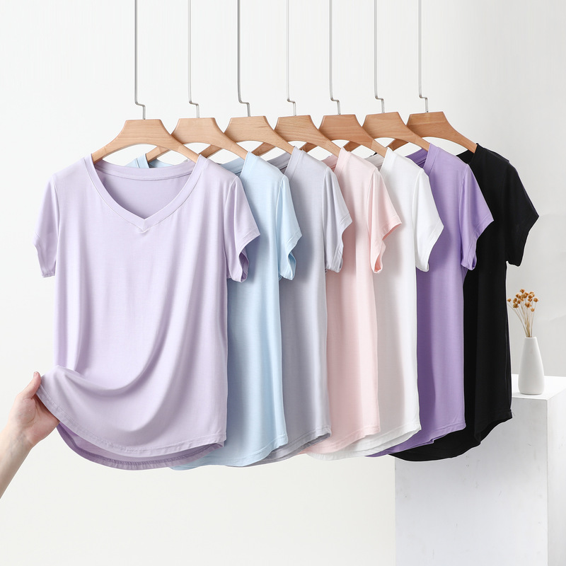 Summer New Style Eco Silk Hemmed V Neck Loose Bottoming Shirt Thin Elastic Short-Sleeved T-Shirt Versatile Simple Women's Top