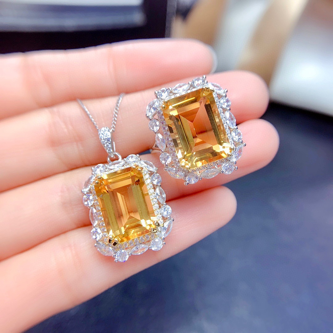 Live Broadcast Accessible Luxury New Imitation Natural Citrine Set Ring Pendant 10X12 Large Ring Surface Lucky Yellow Diamond Necklace