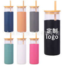 跨境吸管玻璃杯竹盖竹吸管硅胶套防烫纯色高硼硅透明耐高温水杯