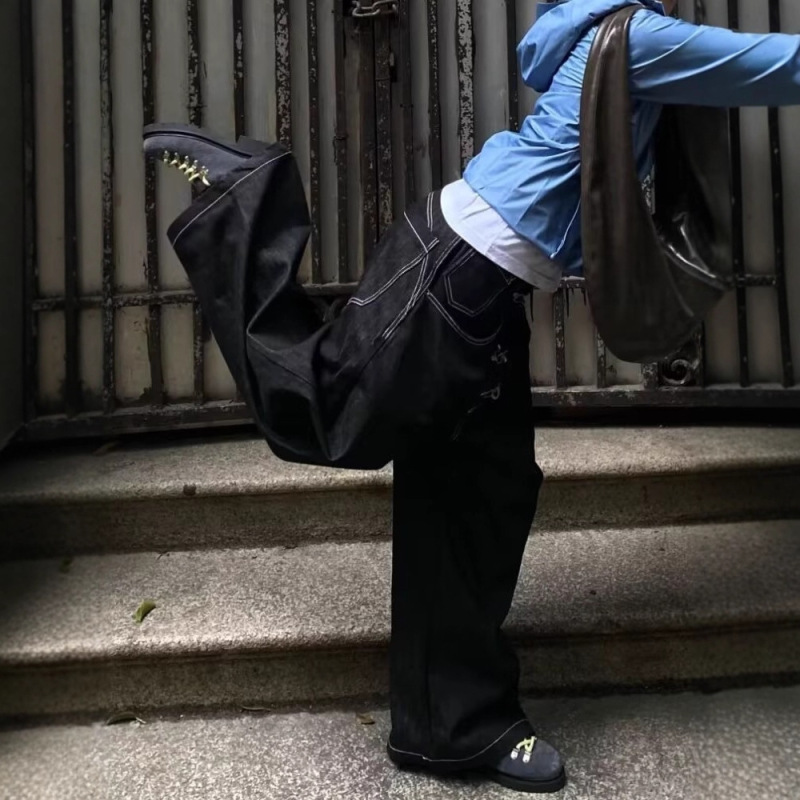 大码美式街头复古设计感丹宁原牛飞机扣baggy廓形弯刀水洗牛仔裤|undefined