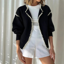 跨境秋冬新款圆领珍珠镶边针织衫短款长袖重工开衫毛衣时尚外套女
