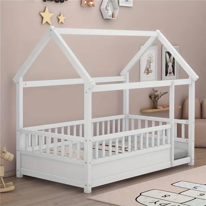 Cross-Border Children's House Bed for Boys and Girls, Wooden Low Bed Tent with Guardrails, Solid Wood Children's Floor Bed, Factory