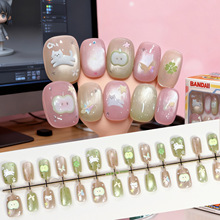 法式短款冰透猫眼穿戴甲高级感浮雕青苹果小猫小清新美甲甲片批发
