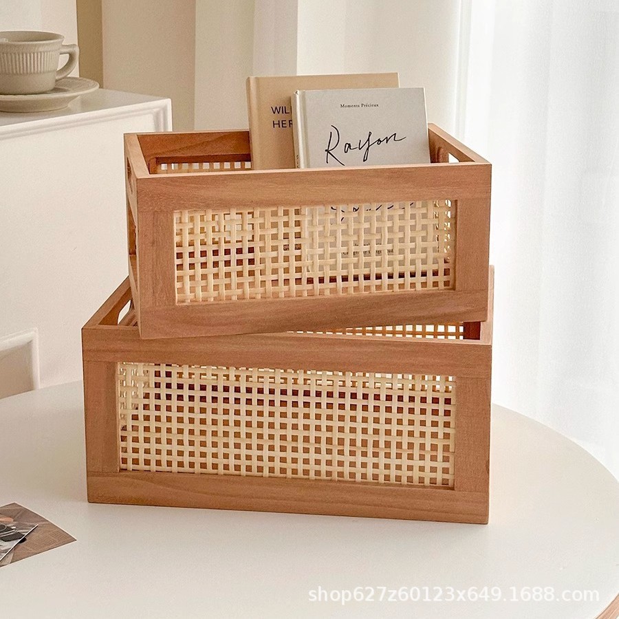 Cesta de almacenamiento de bambú hecha a mano retro de estilo japonés, caja de almacenamiento de escritorio, hogar, sala de estar, libro, bocadillos, marco de almacenamiento de artículos diversos