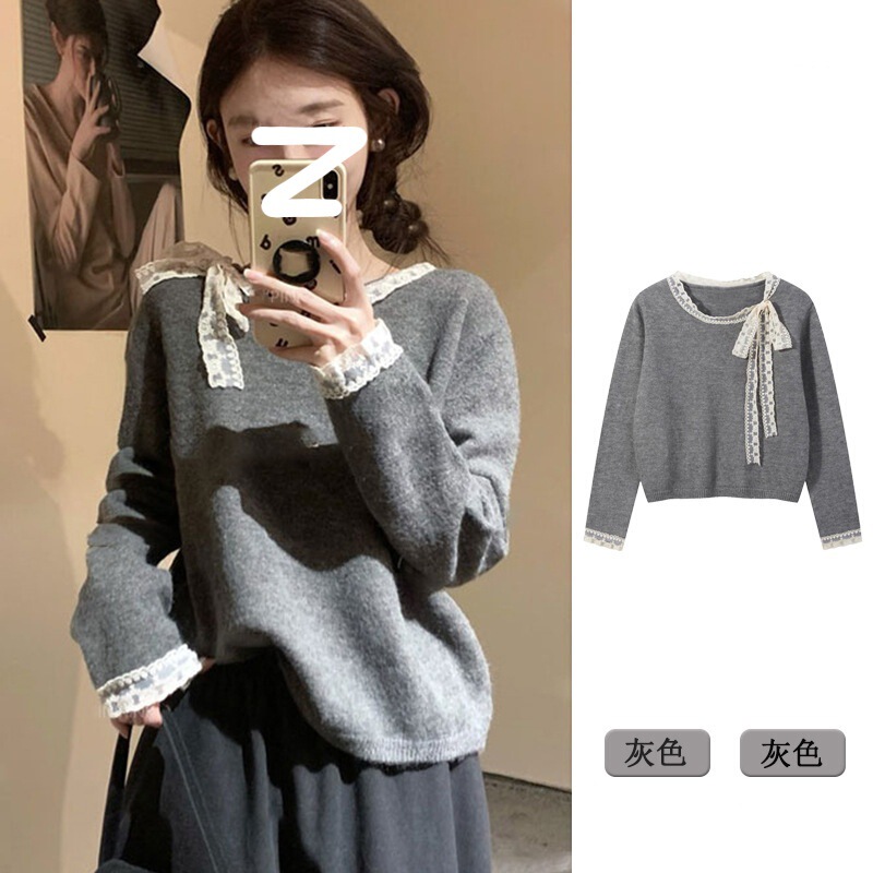 Official Picture Special Price Hn108 # Andy Velvet Washed Design Niche Bow Loose Knitted Sweater for Women Official Picture Special Price Hn108 # Andy Velvet Washed Design Niche Bow Loose Knitted Sweater for Women