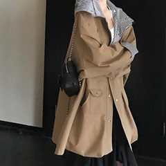 2025秋新款连帽格纹拼接风衣外套女法式名媛宽松中长款大衣小个子