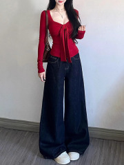 大码深蓝色牛仔裤女秋季新款高腰胖mm宽松阔腿显瘦百搭直筒拖地裤