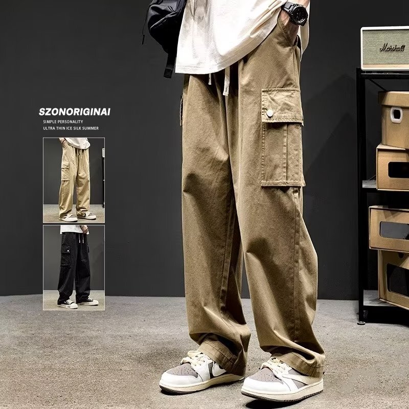 Men's Cargo Pants American Retro Functional Casual Pants Trendy Brand Spring and Autumn Japanese Style Floor-Length Wide-Leg Straight Lumberjack Pants