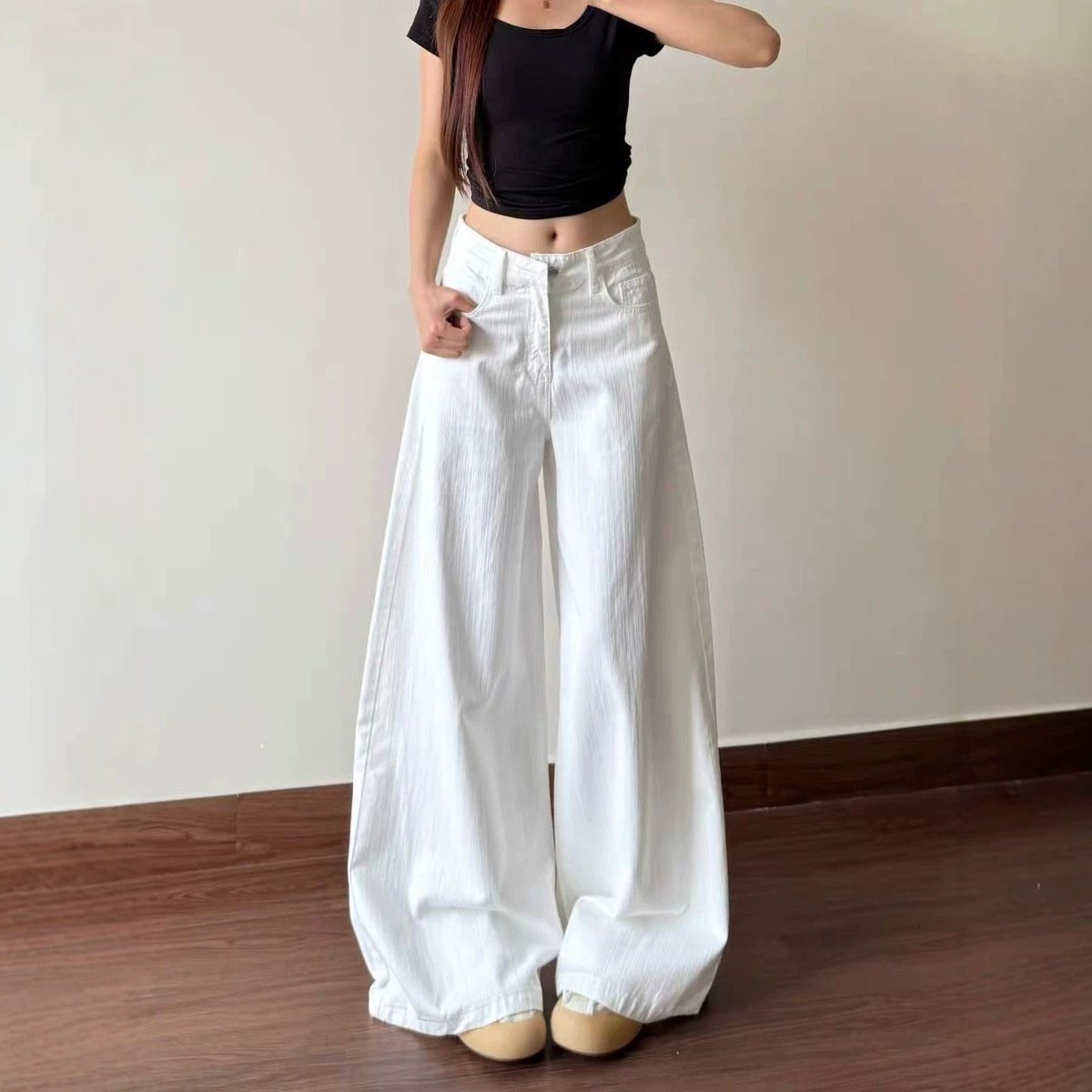 White bamboo-patterned wide-leg jeans for women, new summer style, thin, loose, slimming, with a drapey bell-bottom design and floor-length cut