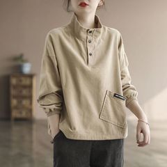 灯芯绒立领卫衣女2025春秋大码宽松显瘦纽扣设计感套头上衣外套潮