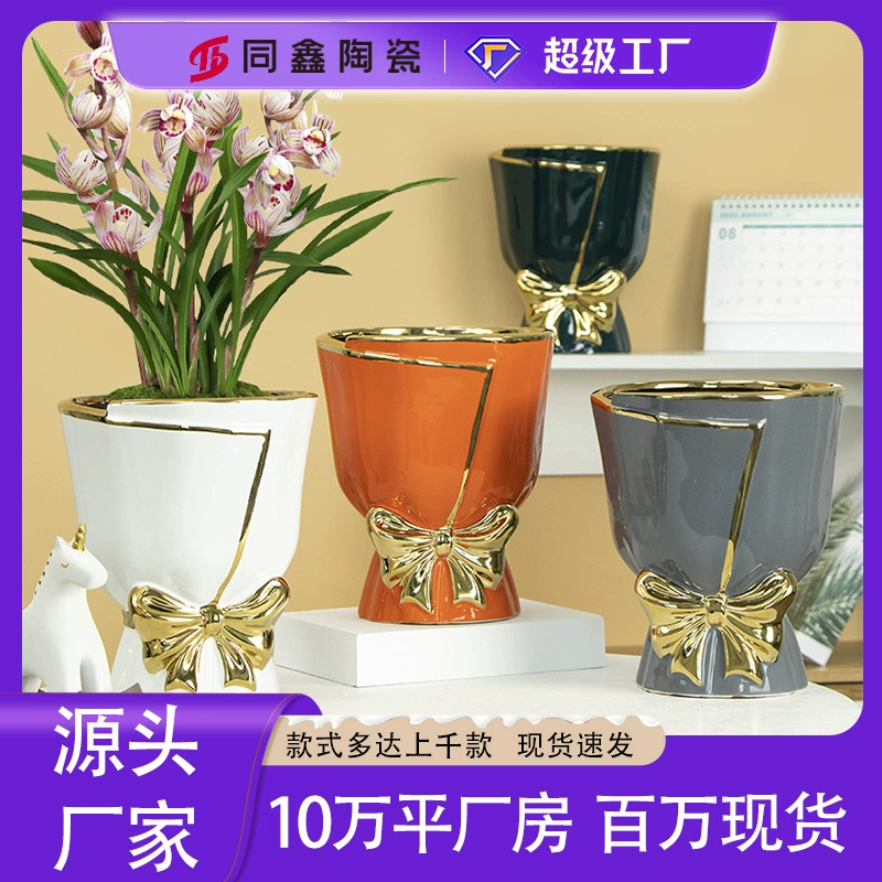 Легкий роскошный золотой керамический цветочный горшок Nordic ins Style Креативный бытовой цветочный горшок Керамический цветочный горшок Большая оптовая продажа