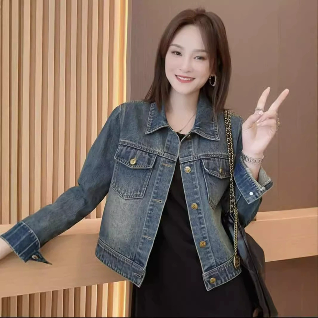 Гонконгский стиль новый джинсовый короткий пиджак женский 2024 осень новый ретро дикий маленький кардиган куртка с отворотом