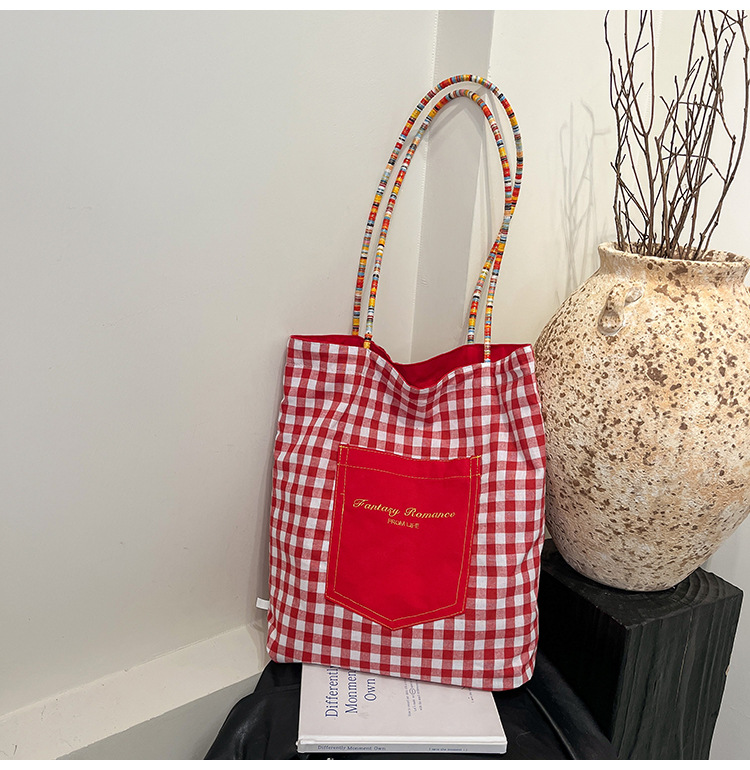 Bolso de lona a cuadros de doble cara estadounidense bolso de desplazamiento femenino bolso especial retro bolso de mano de color de choque de primavera nuevo bolso padre - hijo