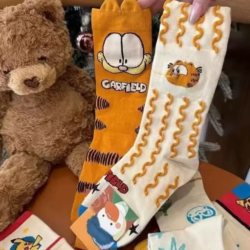 Autumn and Winter Cartoon Garfield Japanese-Style Cute Socks Creative Quirky Design Slouch Socks Mid-Calf Socks Factory Wholesale