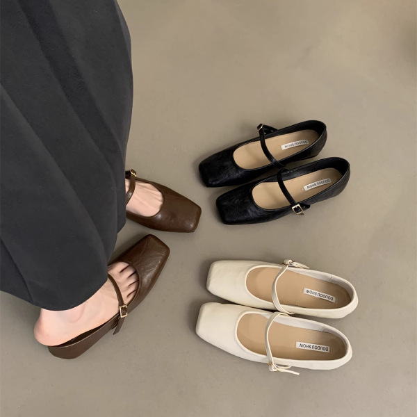 Square-Toe Flat Shoes for Women 2025 New Spring/Summer Retro Brown Mary Jane Shoes That Go with Skirts, Comfortable and Not Tiring on the Feet, French Style