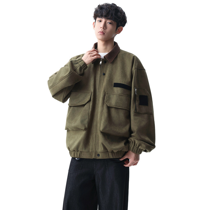 Color-Blocked Lapel Jacket for Men, Spring and Autumn 2026 New Style, Faux Two-Piece Loose Workwear Suede Barn Coat