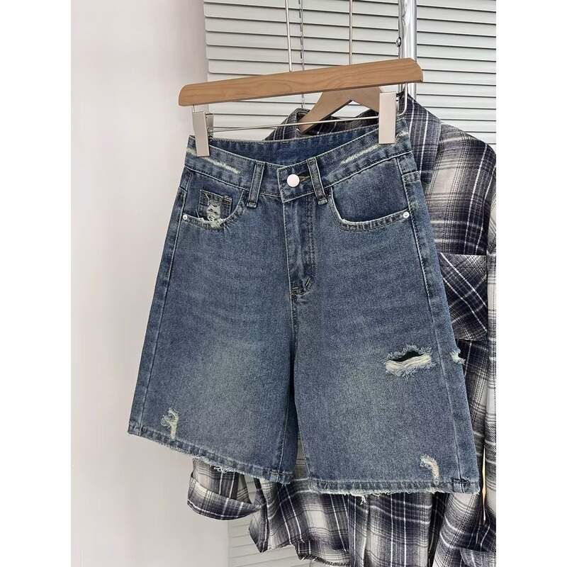 Half-Elastic Waist Ripped Denim Shorts 2026 Summer New Stylish Loose Slimming Straight Wide-Leg Hot Pants Half-Elastic Waist Ripped Denim Shorts 2026 Summer New Stylish Loose Slimming Straight Wide-Leg Hot Pants