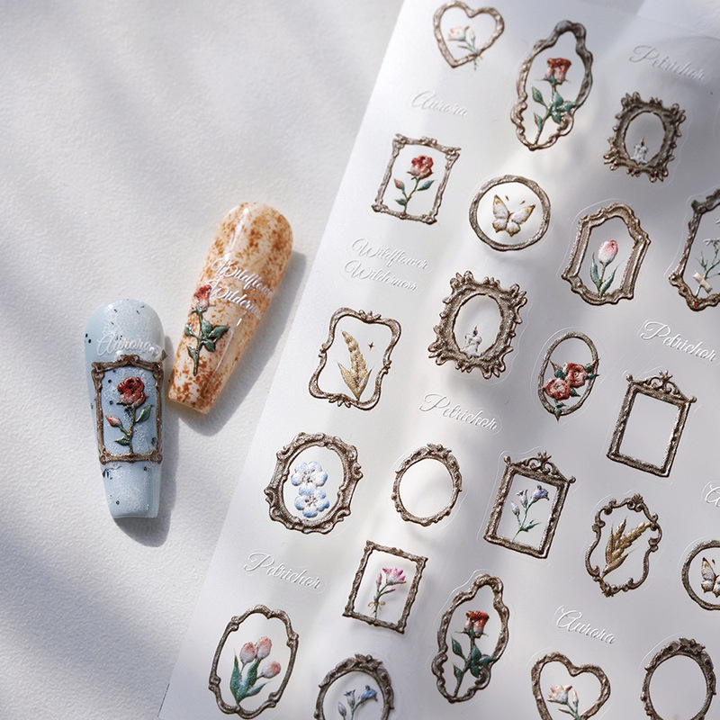 Tensor Retro Oil Painting Frame Bouquet Nail Stickers Ts3920 Gilt Embossed Texture Floral Butterfly Nail Stickers