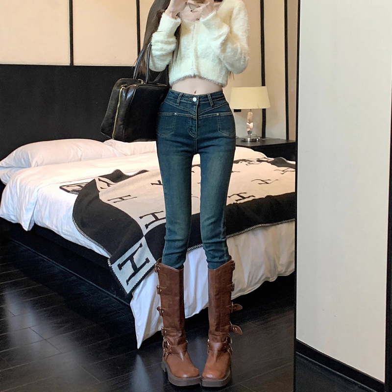 Guangzhou Thirteen Lines High-Quality Popular Style ~ Stretch Denim Long Pants for Women with a Slimming Design, Low to Mid-Waist Pencil Pants