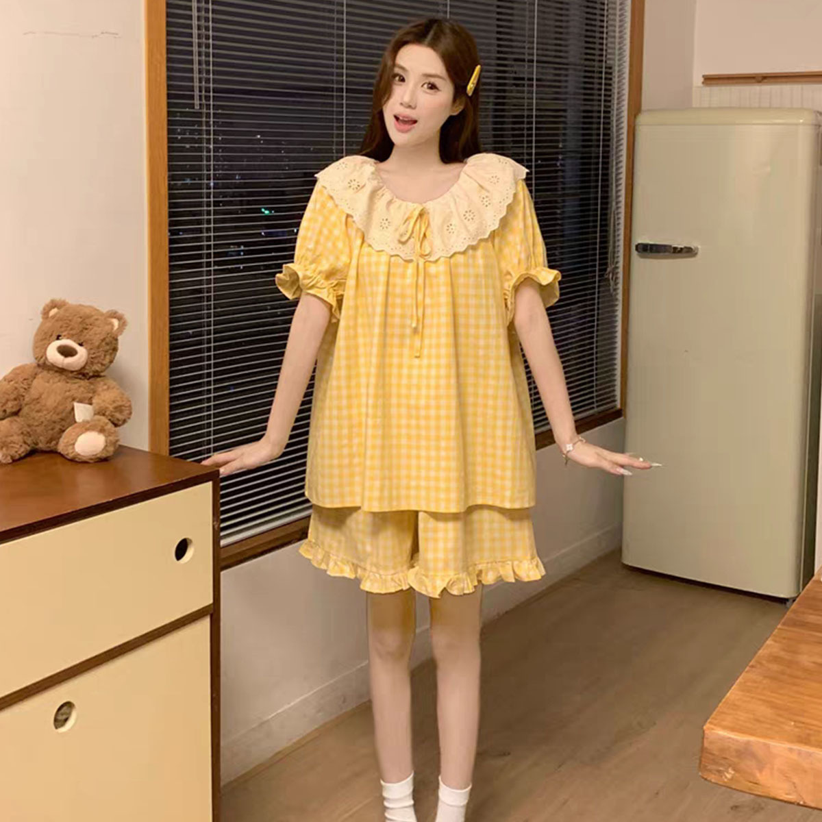 Cotton Korean Style Summer New Pajamas Women's Suit Sweet Princess Style Lace Loose Lazy Outer Wear Home Clothes