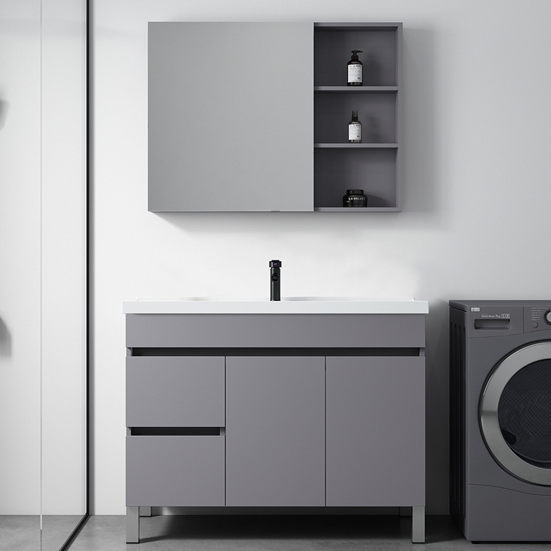 Gris simple piso de madera maciza gabinete de baño balcón baño lavabo con lavabo de cerámica combinación de gabinete