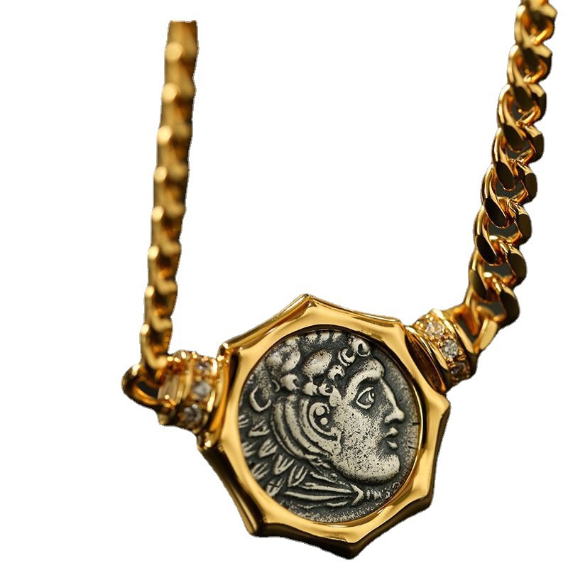 Collana con catena a moneta in argento, stile minimalista e retrò, perfetta per donne, ispirata alla moda europea e americana. Stile retrò._voghion.com