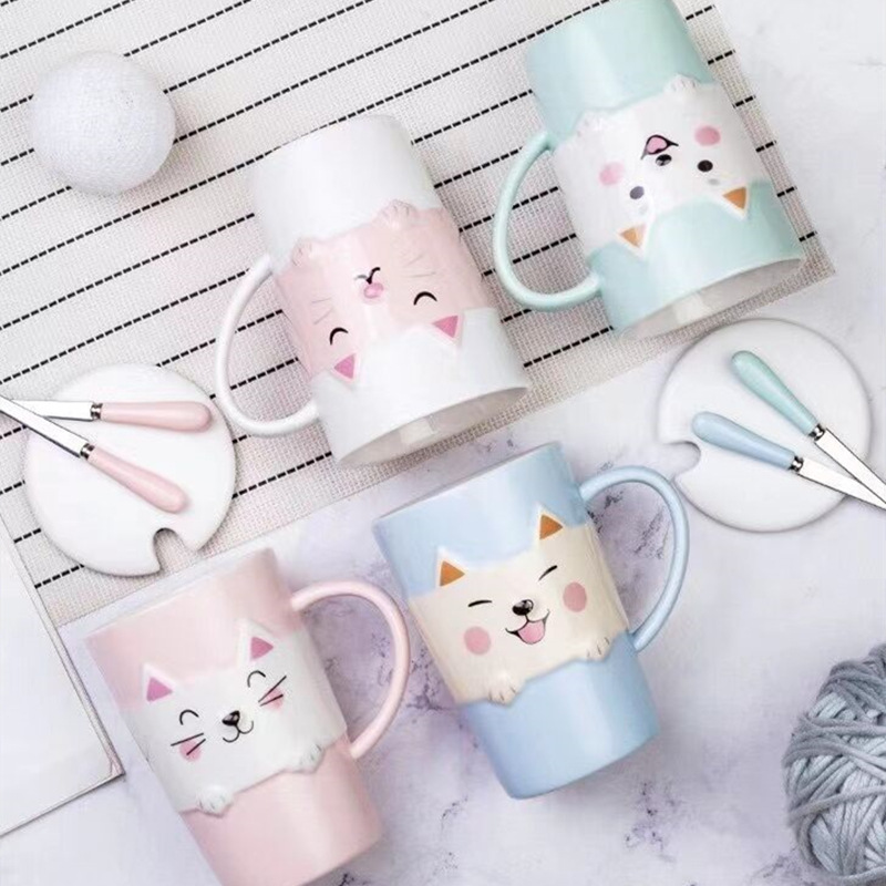新品網紅陶瓷杯帶蓋帶勺奶茶杯子12蠱司浮雕貓咪情侶水杯壹件代發