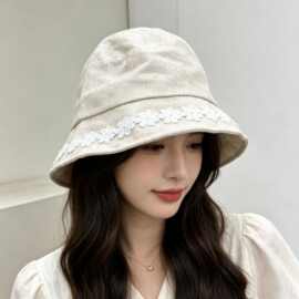日系花朵棉麻夏季渔夫帽女薄款透气百搭显脸小盆帽防晒遮阳帽子潮