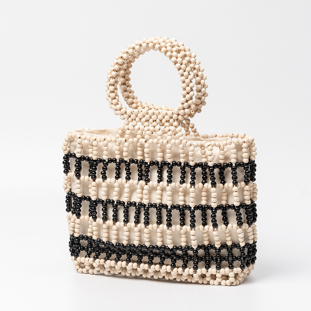 OLEI New Wooden Bead Bag for Women Casual Travel Beaded Bag Solid Color Hollow Out Hand-Woven Vacation Handbag - Thumbnail 7