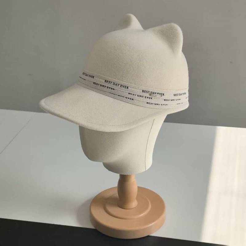 秋冬小香家女复古羊毛呢耳朵帽休闲字母三折带装饰棒球帽毡帽子|undefined