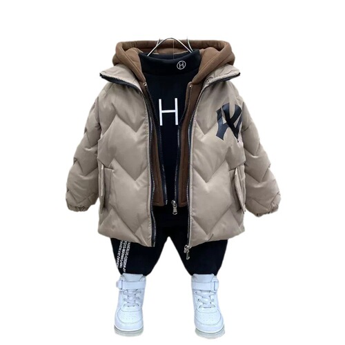 Boys' Winter Cotton Coat 2024 New Children's Thick Down Cotton Jacket Outerwear Trendy Baby Hooded Long-Sleeve Cotton Puffer Jacket
