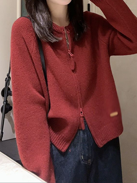 批发2025新款设计感双拉链韩系毛衣针织衫女开衫外套洋气宽松上衣|undefined
