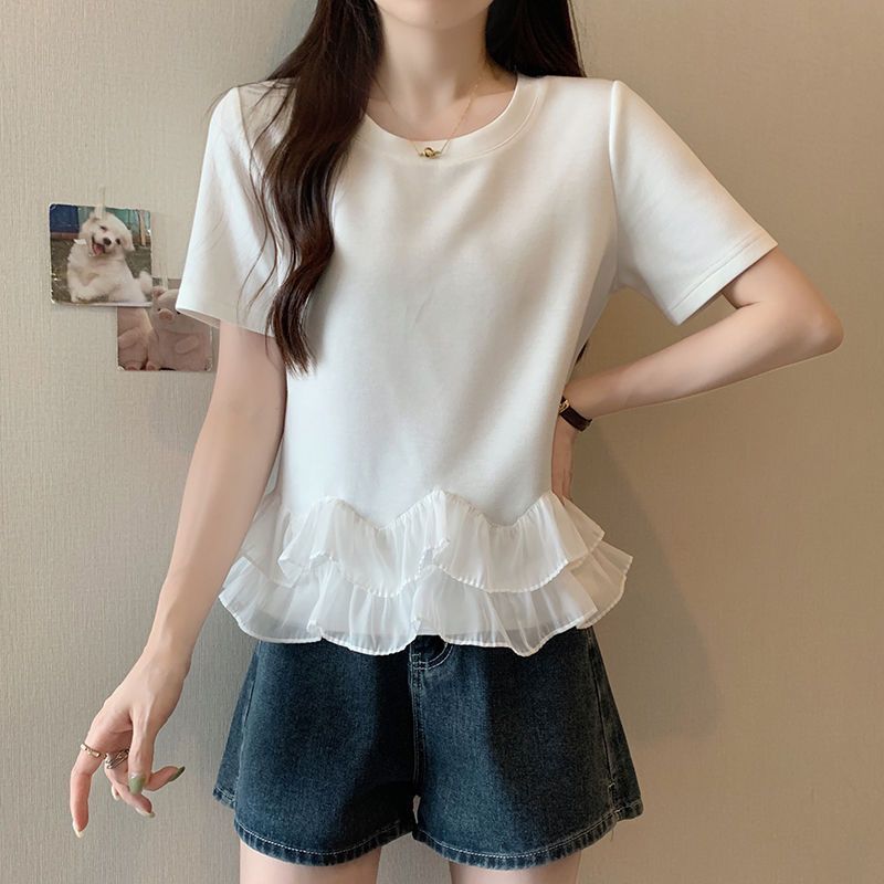 Camiseta de manga corta con costuras con volantes de gran tamaño para mujer 2024 verano nuevo estilo suelto que cubre la carne que es delgada y gorda mm top para mujer ins image 3