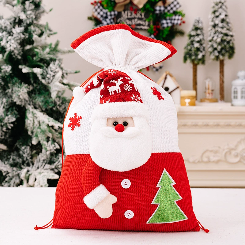 knitted Christmas gift bags — подарочные новогодние сумки с аппликацией Санта-Клауса/снеговика/оленя, с завязками, многоразовые
