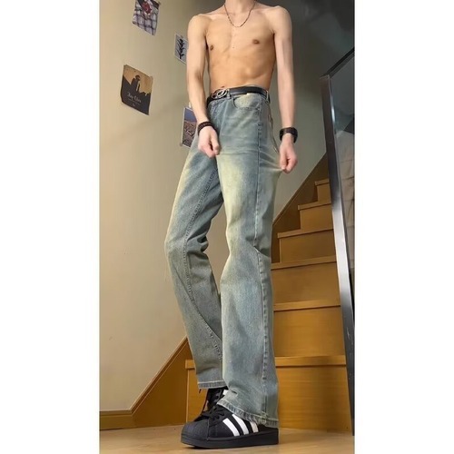 Men's denim jeans, water-washed distressed, cool-style, slightly tapered pants, suitable for spring and autumn, American high street, loose straight-leg casual pants