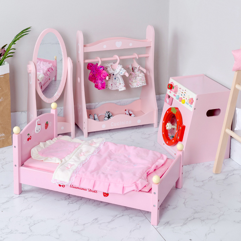 Nuevo juego de juguetes de madera para lavadora infantil para jardín de infancia, cama de muñecas realista, regalo de cumpleaños para niñas.