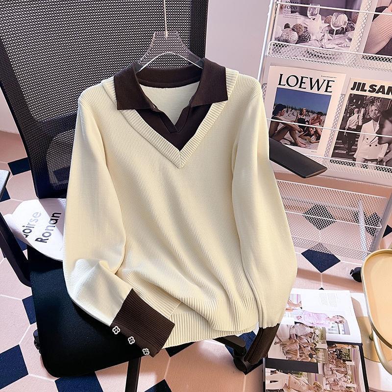 Autumn Fake Two-Piece Polo Collar Knitwear for Women, Fashionable and Versatile Splicing Bottoming Shirt, Loose Large Size Top
